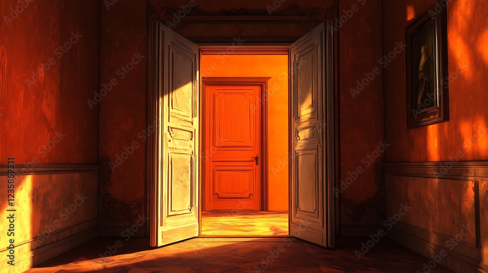 Sunlit hallway with open doors leading to another room. Sunlit hallway with open doors leading to another room.