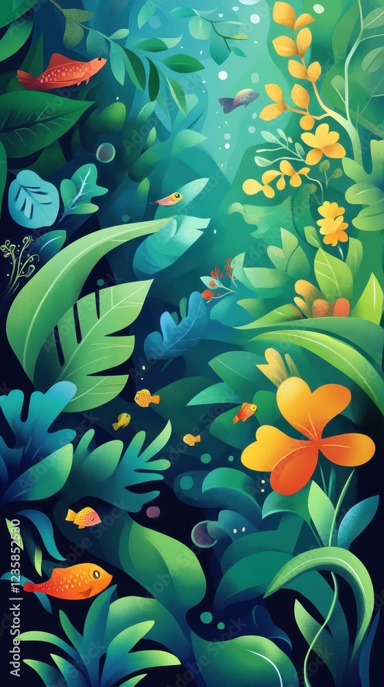 Vibrant Underwater Scene with Colorful Fish and Lush Plants