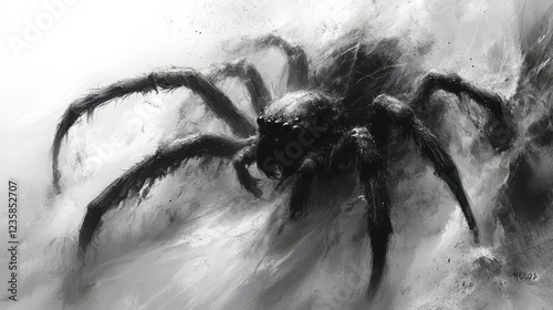 Giant spider crawling, dark fantasy art, monochrome