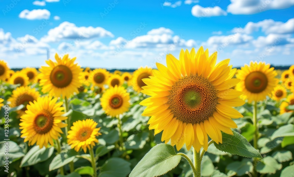 Bright sunflowers blooming under blue sky Bright sunflowers blooming under blue sky