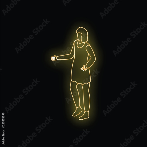 Neon sign of a woman standing with one hand on her hip and the other outstretched