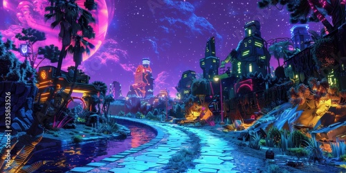 Neon Cityscape on a Cosmic Night