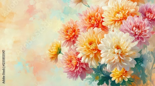 Vibrant Floral Composition Featuring Lush Pompon Chrysanthemums in Soft Pastel Hues Set Against an Abstract Background of Gentle Colors and Light Textures
