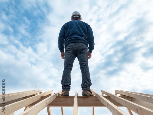 Wallpaper Mural A person standing confidently on a wooden framework, gazing at the vast sky, embodying ambition and hard work in construction. Man build construction wooden concept. Torontodigital.ca