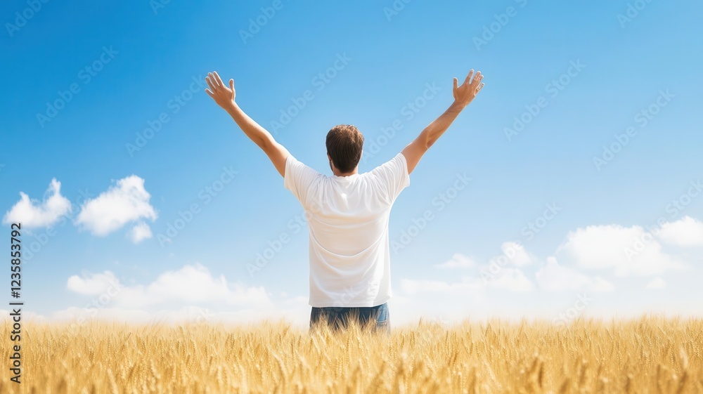 A person stands in a golden field, arms raised towards a bright blue sky, symbolizing freedom and joy in nature. People raise arm stand in field. A person stands in a golden field, arms raised towards a bright blue sky, symbolizing freedom and joy in nature. People raise arm stand in field.