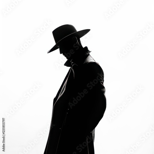 Mysterious Silhouette in Wide Brimmed Hat and Coat