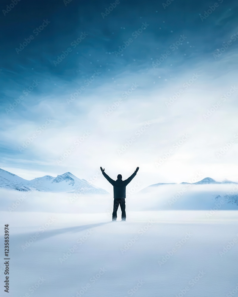 A person stands triumphantly in a vast snowy landscape, arms raised in celebration under a clear blue sky. People raise arm stand in field. A person stands triumphantly in a vast snowy landscape, arms raised in celebration under a clear blue sky. People raise arm stand in field.