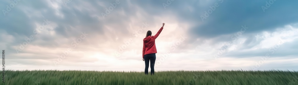 A person stands on a grassy hill, raising their hand towards the sky as sunlight breaks through the clouds, embodying freedom and hope. People raise arm stand in field.