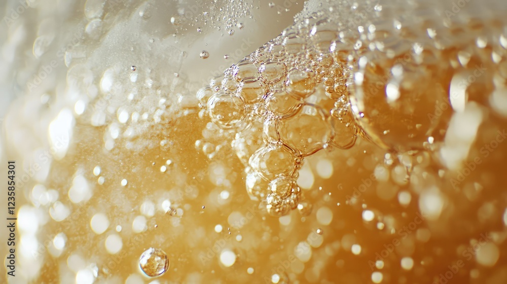 Close-up View of Bubbles and Foam Rising in a Glass of Carbonated Beverage, Capturing the Refreshing Essence of Sparkling Drinks in Vibrant Detail Close-up View of Bubbles and Foam Rising in a Glass of Carbonated Beverage, Capturing the Refreshing Essence of Sparkling Drinks in Vibrant Detail