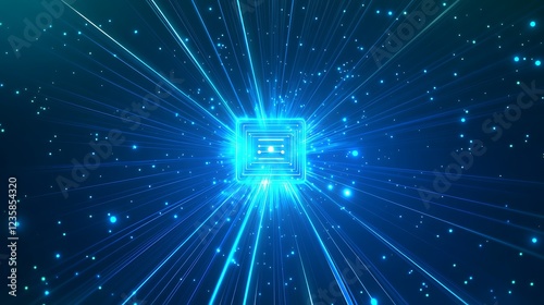 A futuristic AI design concept on a vibrant blue background with radiant light streaks, rendered in a clean and editable vector format. The visual emphasizes the sophistication of artificia