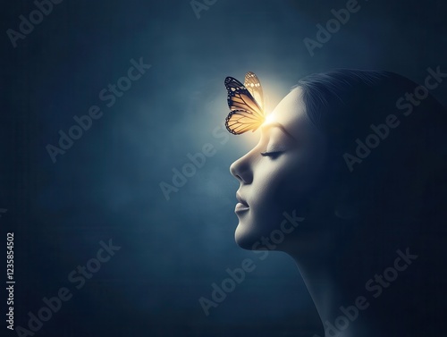 A serene profile of a woman with a butterfly resting on her forehead, symbolizing transformation and inner peace. Creativity idea and vision concept.