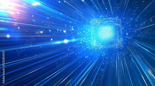 A futuristic AI design concept on a vibrant blue background with radiant light streaks, rendered in a clean and editable vector format. The visual emphasizes the sophistication of artificial 