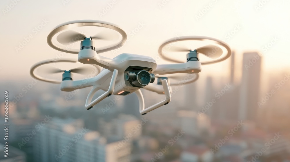 Futuristic drone flying over modern cityscape -tech urban environment aerial view innovative technology concept Futuristic drone flying over modern cityscape -tech urban environment aerial view innovative technology concept