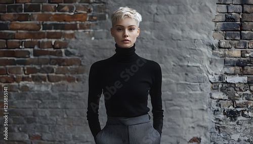 Blonde woman wearing black turtleneck and striped pants