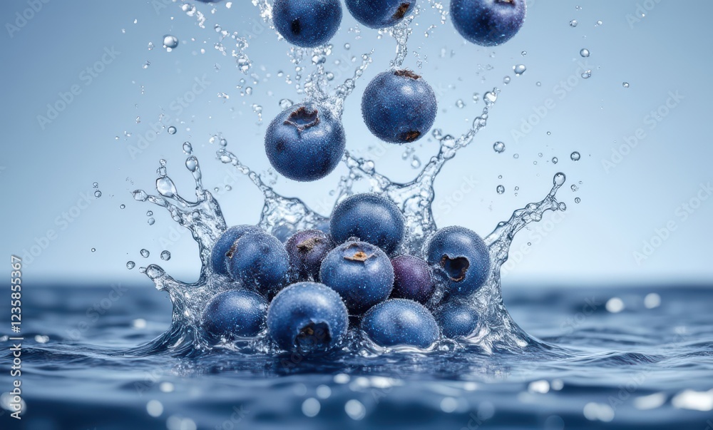 Fresh blueberries splashing in water Fresh blueberries splashing in water