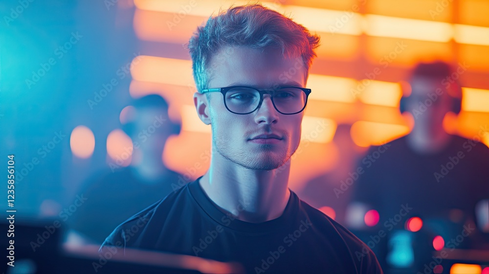 dynamic scene portraying professional esports athletes intensely practicing for major competition with one player in dynamic scene portraying professional esports athletes intensely practicing for major competition with one player in