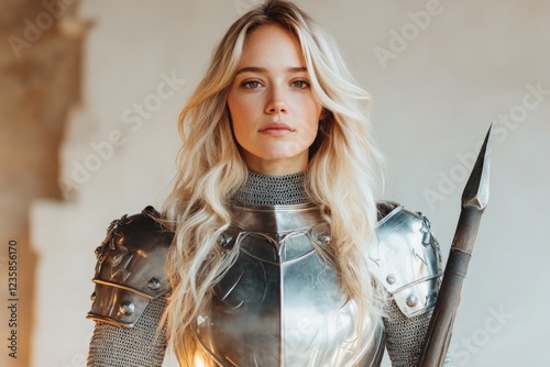 female knight in intricately designed plate armor her blonde hair cascading over her pauldrons holds halberd with copy photo