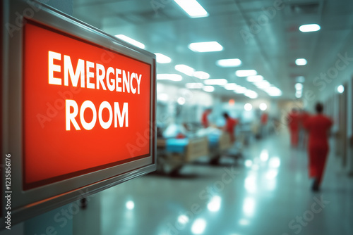 A bright red and white illuminated sign in the foreground that reads EMERGENCY ROOM at hospital.