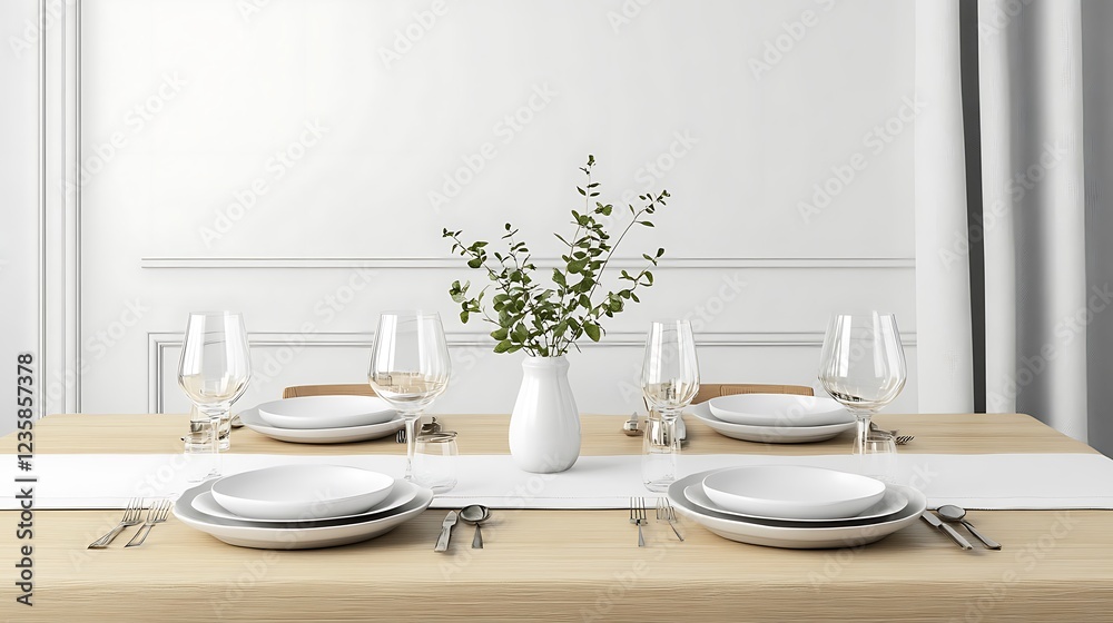 A neatly set dining table with elegant tableware and a vase of greenery as a centerpiece. A neatly set dining table with elegant tableware and a vase of greenery as a centerpiece.