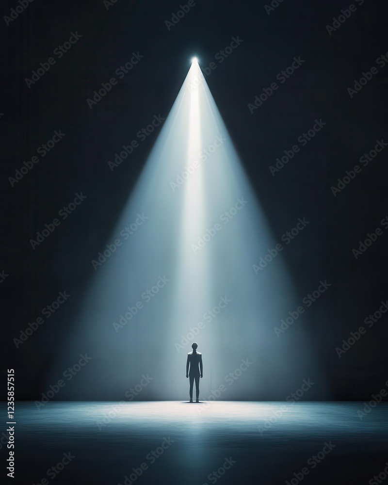 A solitary figure stands in a spotlight, representing introspection and the quest for meaning in life. Creativity idea and vision concept. A solitary figure stands in a spotlight, representing introspection and the quest for meaning in life. Creativity idea and vision concept.