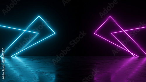 A 3D rendering featuring abstract shapes illuminated by futuristic blue and purple neon lights against a black backdrop, complemented by reflective concrete surfaces and ample space for text