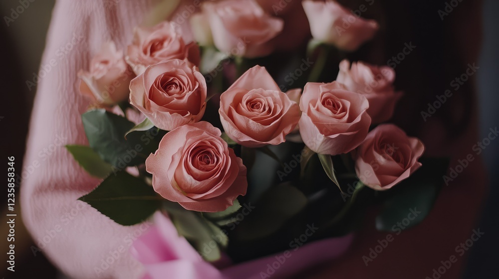 Obraz premium Beautiful Arrangement of Soft Pink Roses in Hands of a Person Wearing a Cozy Sweater with Gentle Natural Lighting and a Warm Atmosphere