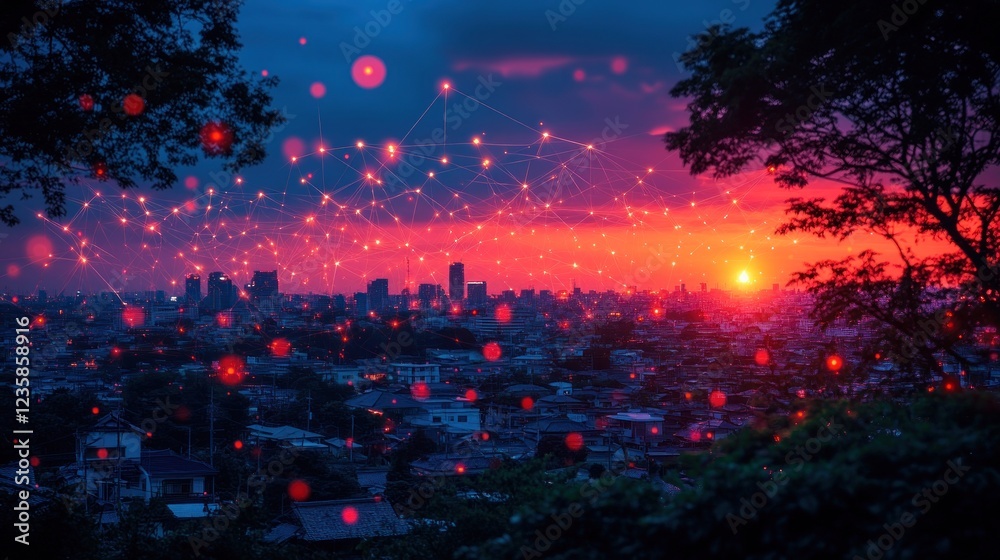 Obraz premium Sunset Cityscape Network Connection