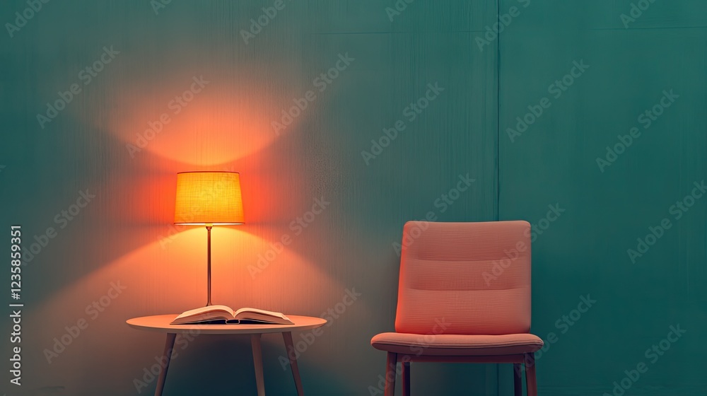 Fototapeta premium quiet library corner with warm lamp comfortable chair and open book resting on table