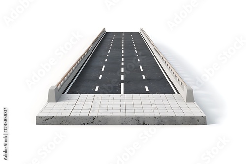 Straight Empty Road with Guardrails and Sidewalk against a White Background