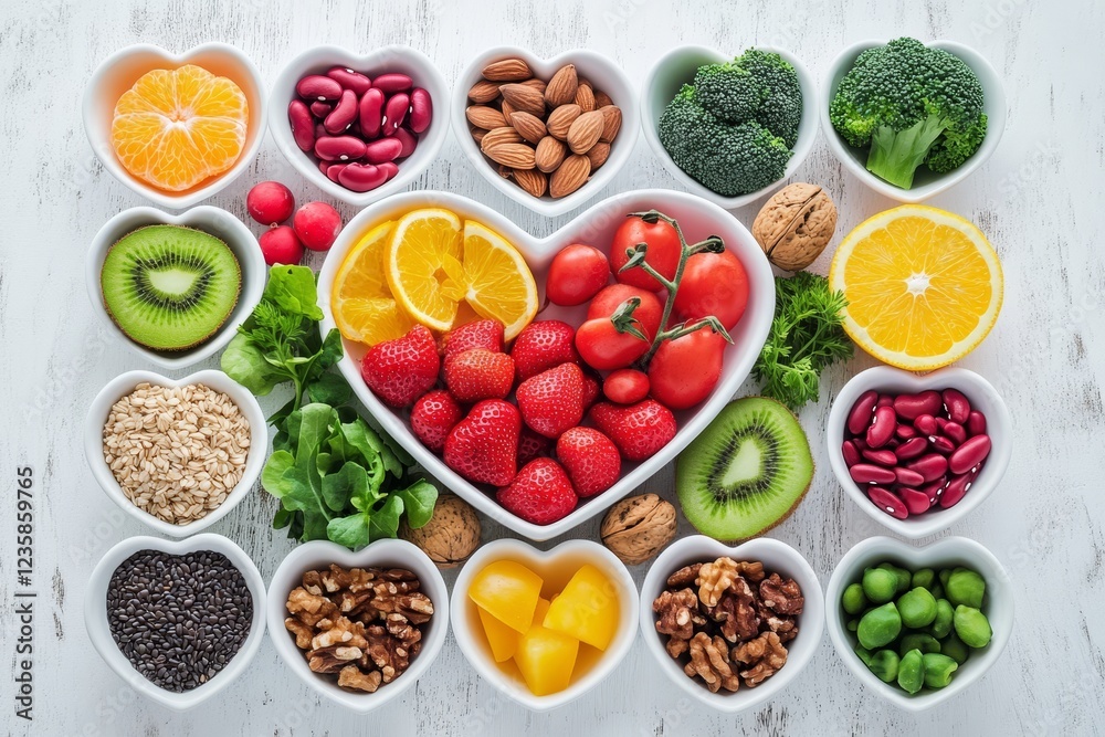 Heart-healthy foods arranged in heart-shaped bowls on white wooden background. Heart-healthy foods arranged in heart-shaped bowls on white wooden background.