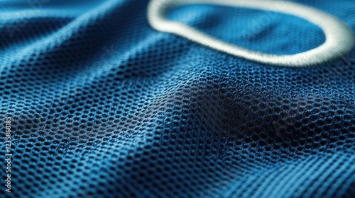 Close-Up View of a Textured Blue Fabric with Netting Pattern and White Stitching, Ideal for Sports Apparel or Textile Material Background