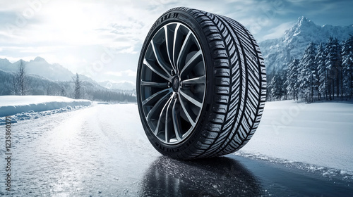 close up winter tire on a snowy road in the mountains. photo