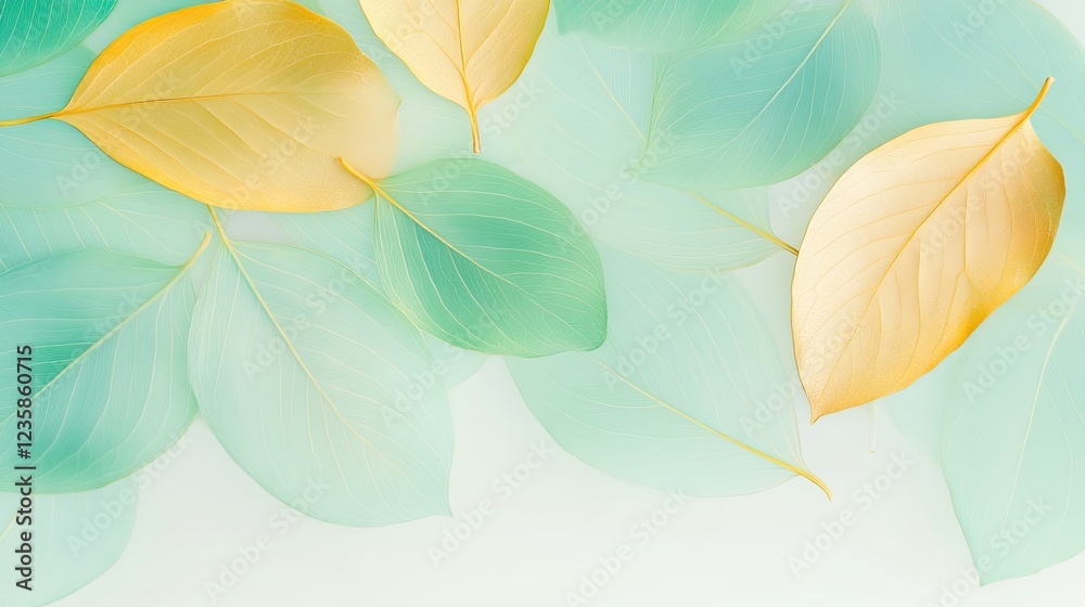 Fototapeta premium surreal abstract composition of overlapping translucent leaves in shades of green and gold their forms blending into