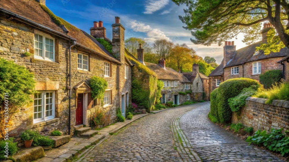 A cobblestone street in a quiet village in Sussex with old stone buildings and trees lined along the road leading down to the village green , old buildings, cobblestone streets A cobblestone street in a quiet village in Sussex with old stone buildings and trees lined along the road leading down to the village green , old buildings, cobblestone streets