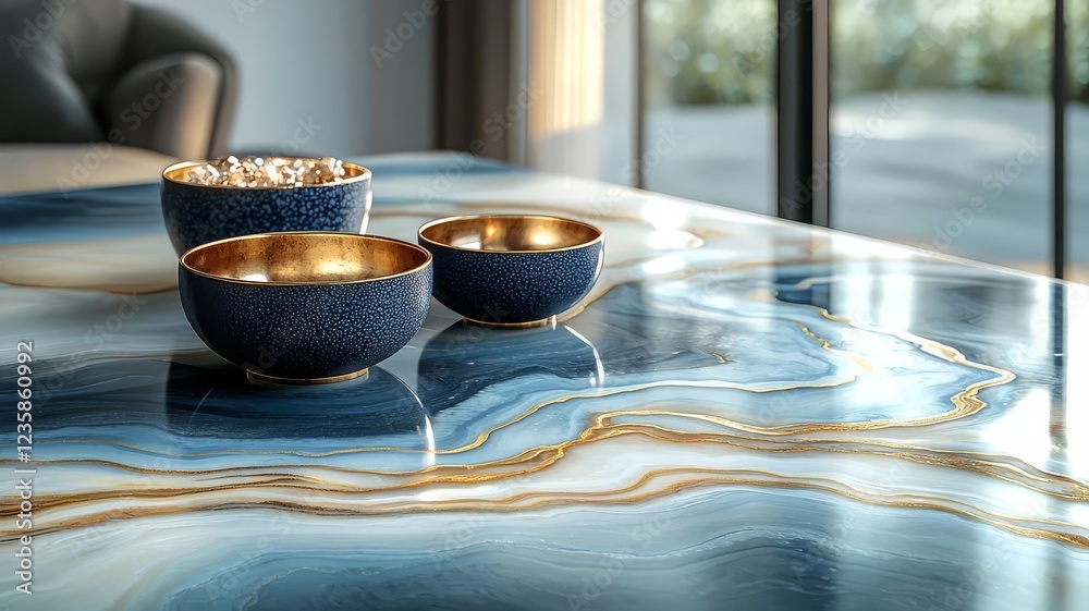 Elegant blue marble table with gold-accented bowls, showcasing a stylish and inviting dining setup perfect for modern interiors and upscale decor. Elegant blue marble table with gold-accented bowls, showcasing a stylish and inviting dining setup perfect for modern interiors and upscale decor.