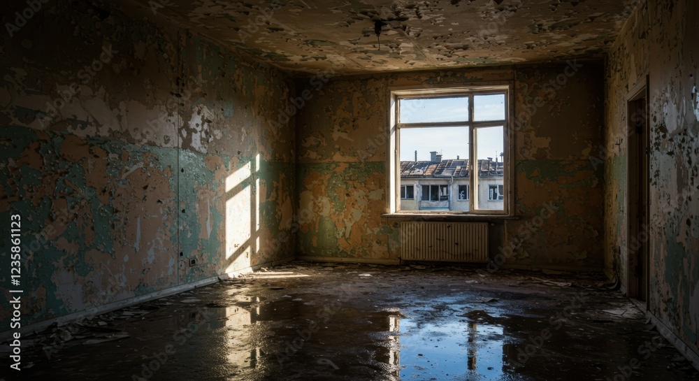 Sunlight streaming into an abandoned room with peeling paint and puddles Sunlight streaming into an abandoned room with peeling paint and puddles