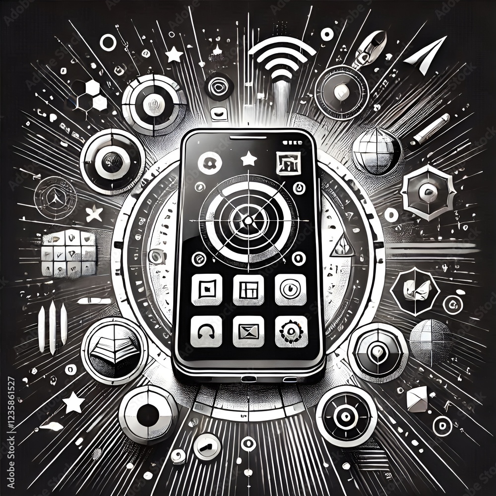 Obraz premium Smartphone vector illustration with icons and futuristic elements in black and white. 