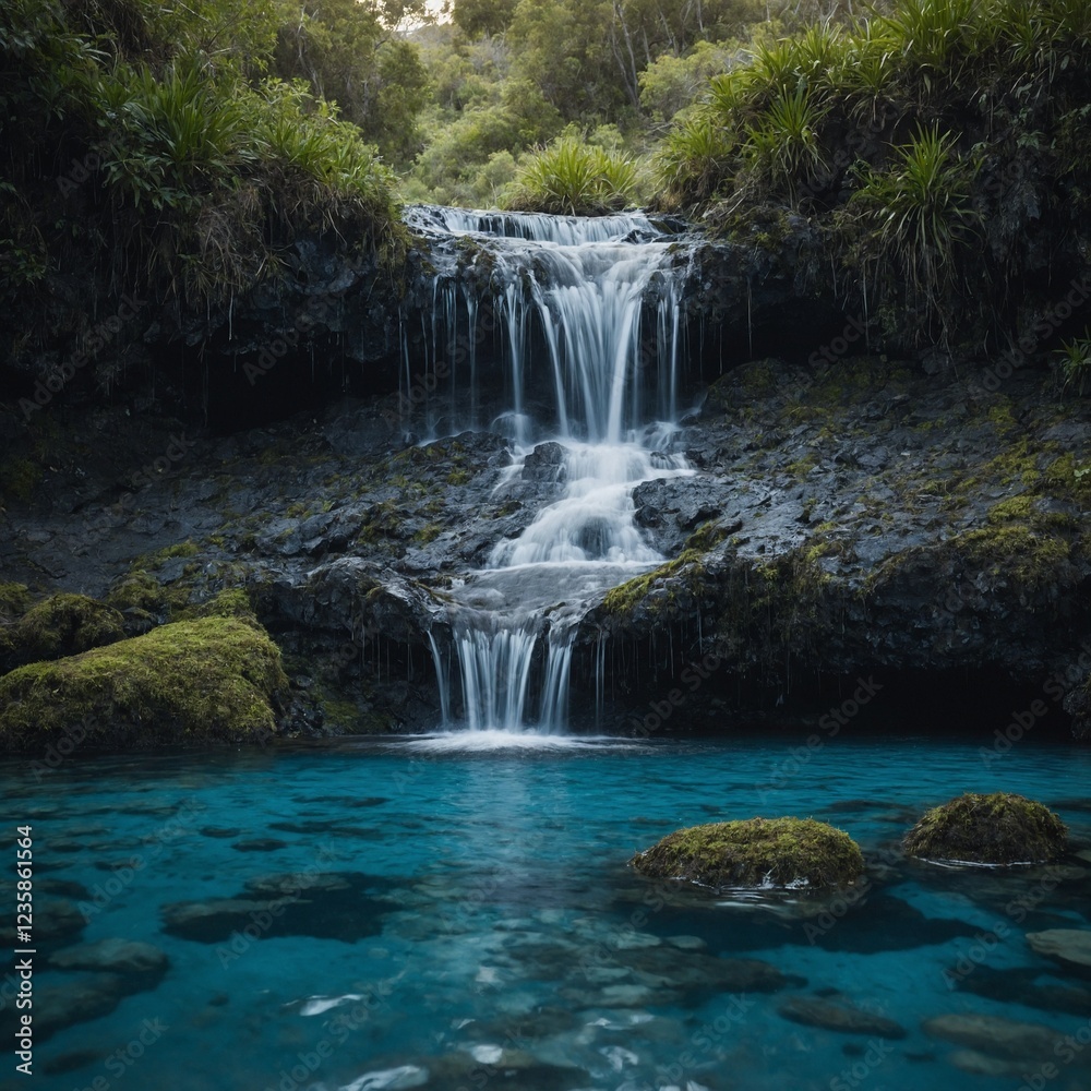 A tiny waterfall trickling into a calm, blue lagoon. A tiny waterfall trickling into a calm, blue lagoon.
