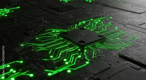 Close-up of a black microchip surrounded by glowing green circuit patterns