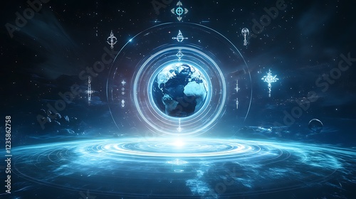 A futuristic digital design showing Earth at the center, with abstract rings and orbiting satellites, set against a dark blue sky and subtle religious symbols illuminating.