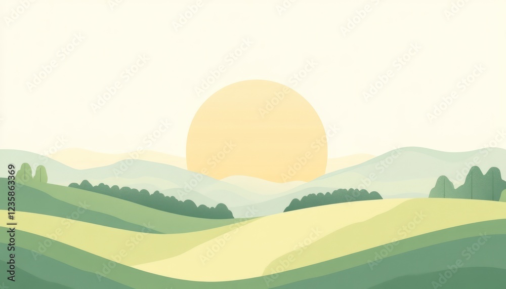 Obraz premium Serene Sunset Over Rolling Green Hills And Trees