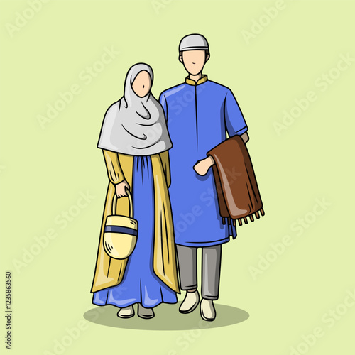 A married couple wearing Muslim couple clothes