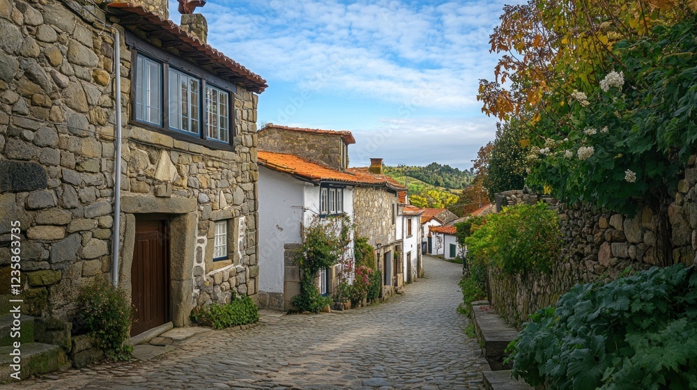 A picturesque cobblestone street lined with charming stone houses and vibrant greenery. A picturesque cobblestone street lined with charming stone houses and vibrant greenery.
