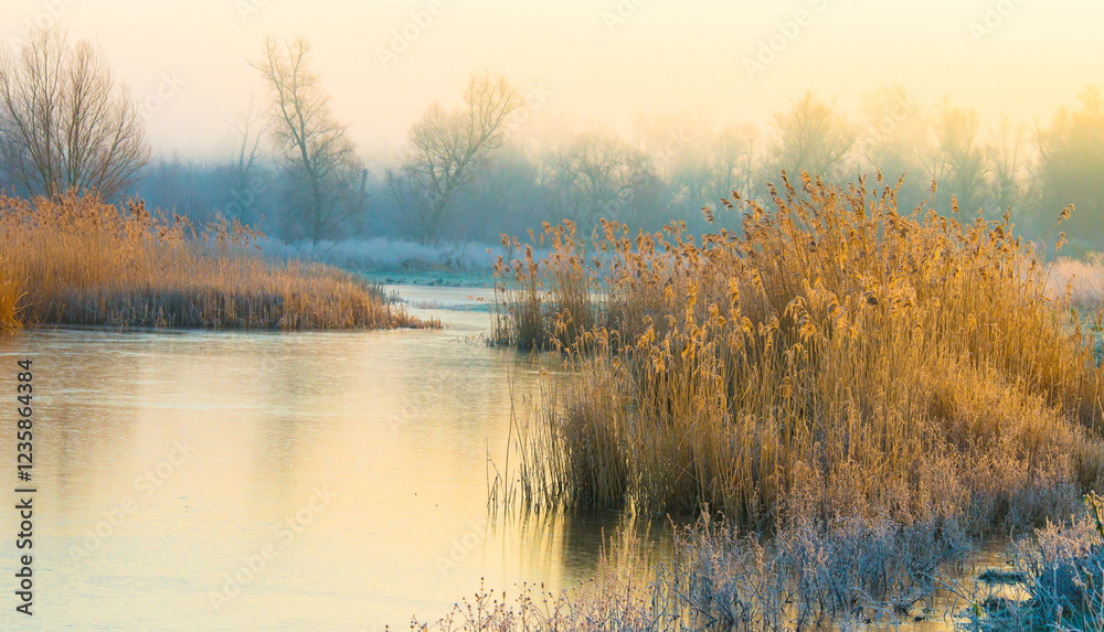 The edge of a frozen lake in the light of sunrise in winter, oostvaardersveld, almere, flevoland, netherlands, February 1, 2025 The edge of a frozen lake in the light of sunrise in winter, oostvaardersveld, almere, flevoland, netherlands, February 1, 2025