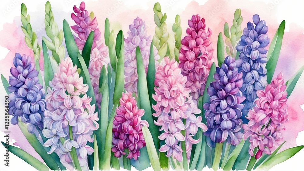 Fototapeta premium Watercolor hyacinth flower background in pink, purple, and blue tones