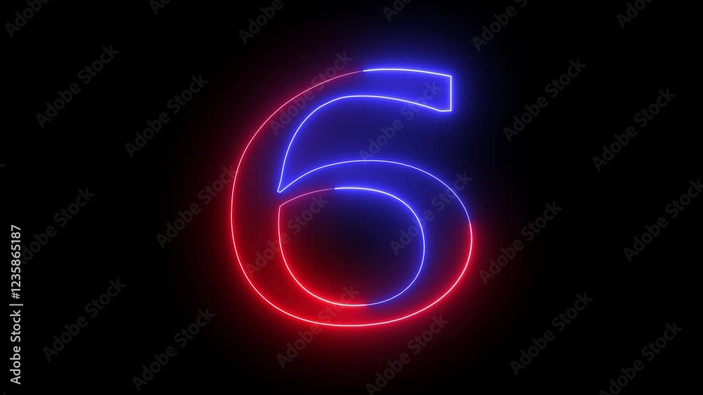 glowing neon colorful 6 number text sign animation on a black background. glowing neon colorful 6 number text sign animation on a black background.