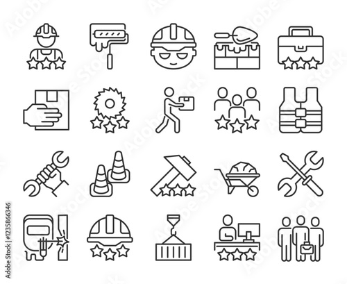 Labor icons. Various work activities line icon set. Editable Stroke.
