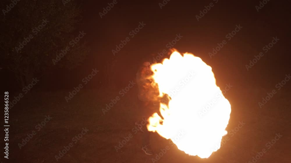 A young man performs a fire show at night. He swings a fiery chain in the air in the form of a ball. Dressed in a gray shirt and black pants, he skillfully maneuvers a fire prop in front of the camera