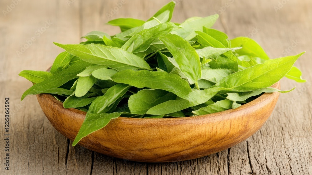 Fresh basil leaves in wooden bowl on rustic table, culinary herb Fresh basil leaves in wooden bowl on rustic table, culinary herb