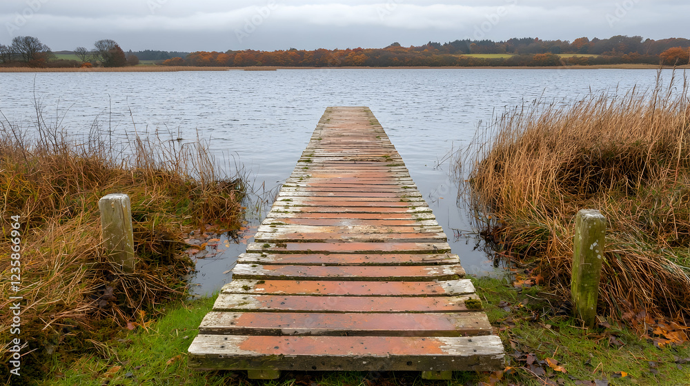 Obraz premium Wooden jetty extends into a calm lake surrounded by dry autumn reeds under an overcast sky.